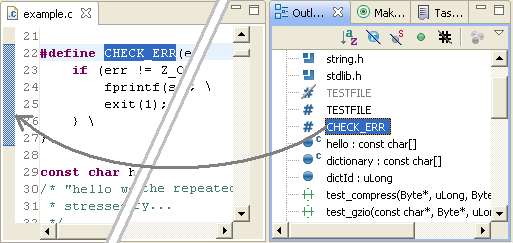 Outline view linked with the Editor.